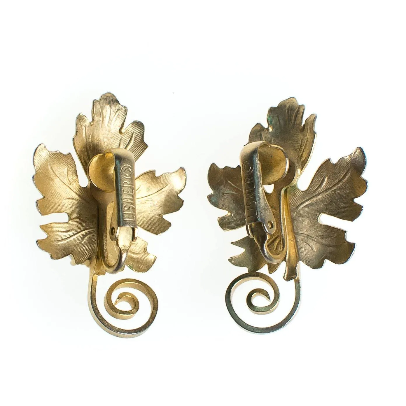 Vintage 1950s Mid Century Modern Lisner Gold Leaf with Pearl Earrings, Gold Tone Leaf, Faux Pearl, Clip-on