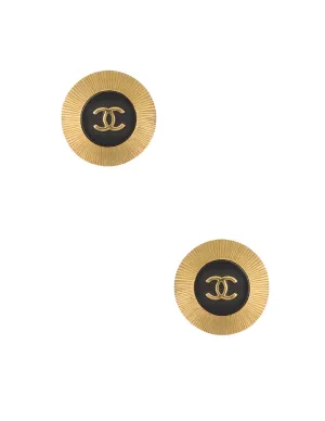 Vintage Chanel Black & Gold CC Logo Earrings Round Clip On Circa 1995