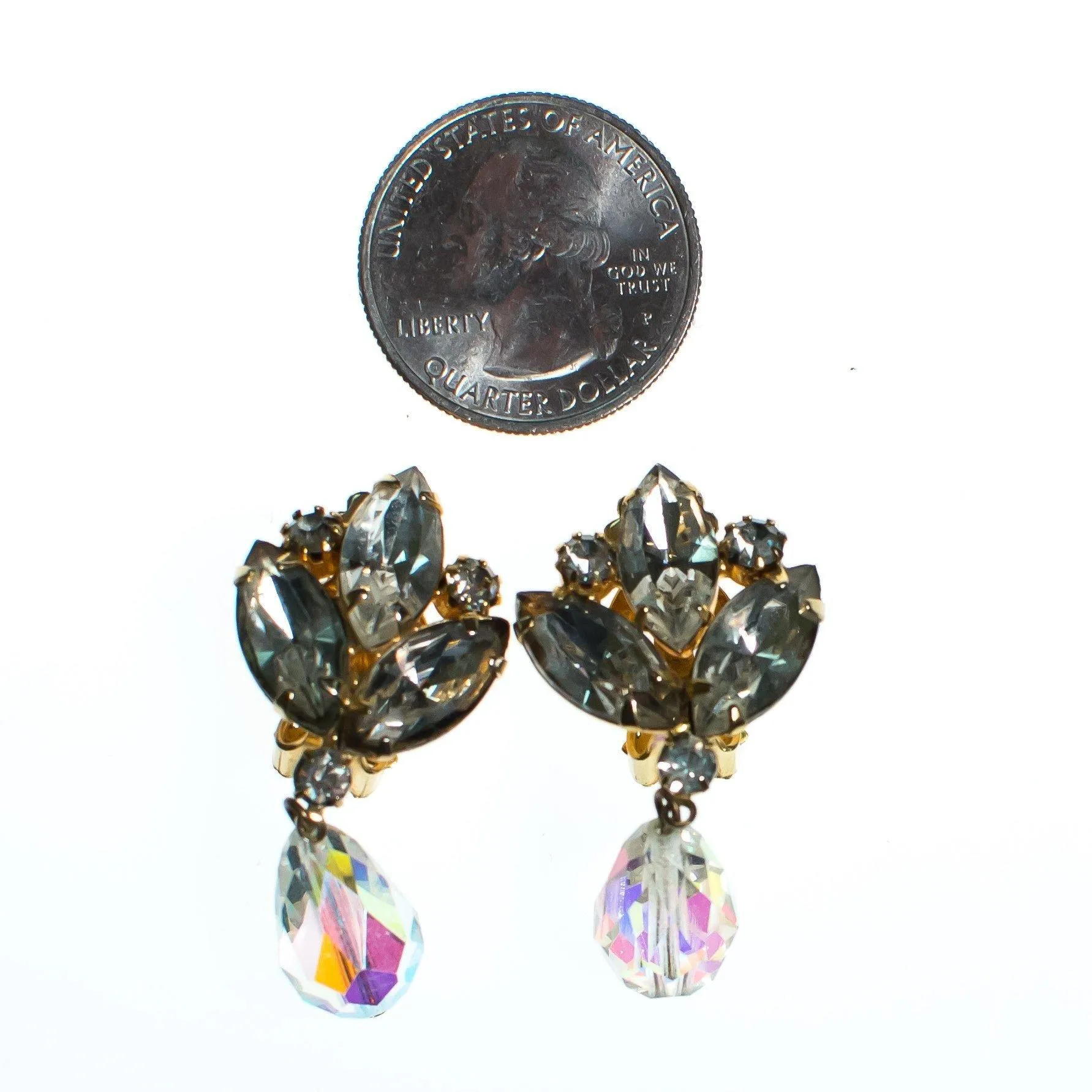 Vintage Juliana Dangling Aurora Borealis Rhinestone Statement Earrings, Clip On