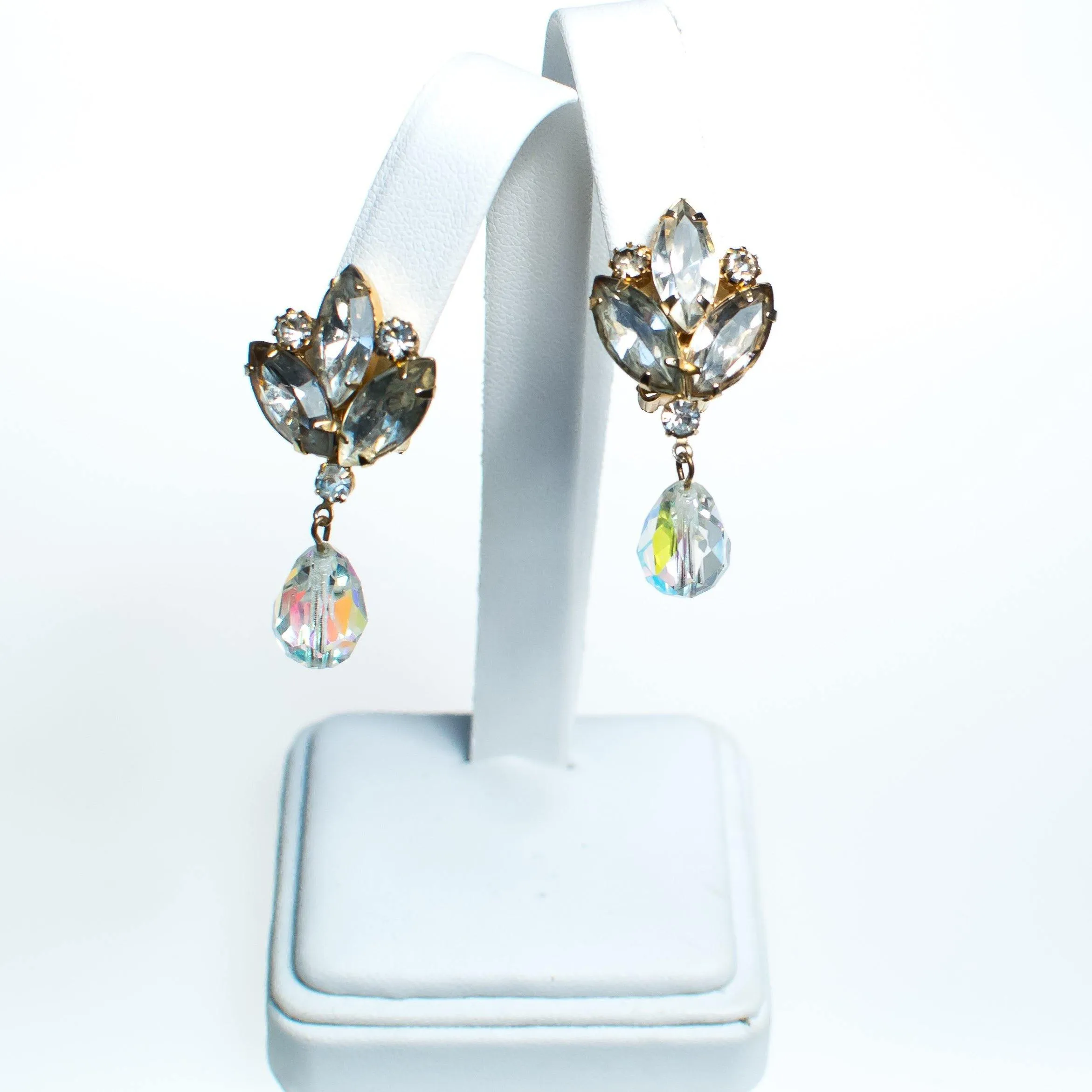Vintage Juliana Dangling Aurora Borealis Rhinestone Statement Earrings, Clip On