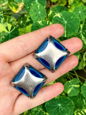 Vintage Mexico Sterling Silver Layered Blue Glass Geometric Clip On Earrings