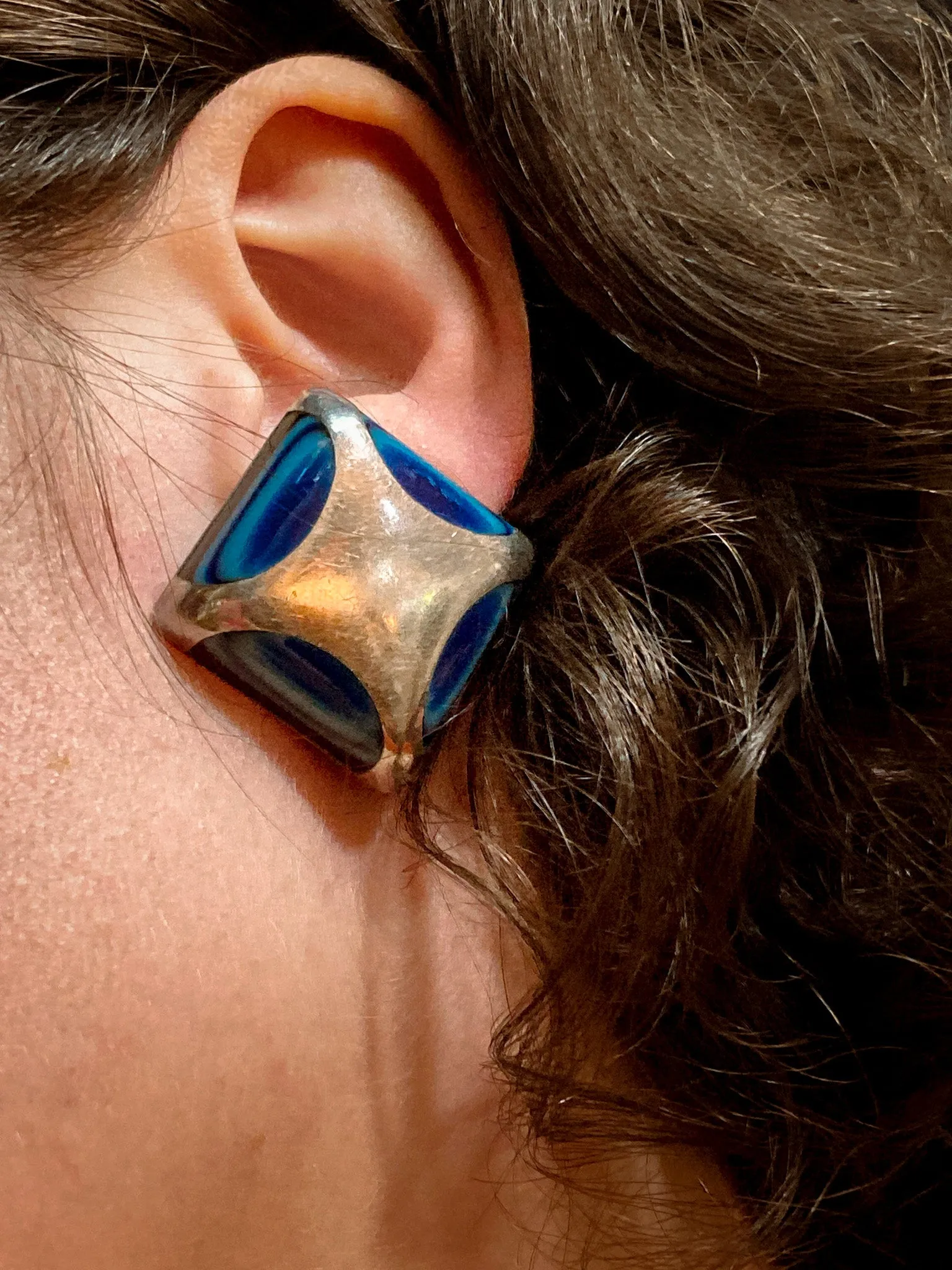 Vintage Mexico Sterling Silver Layered Blue Glass Geometric Clip On Earrings