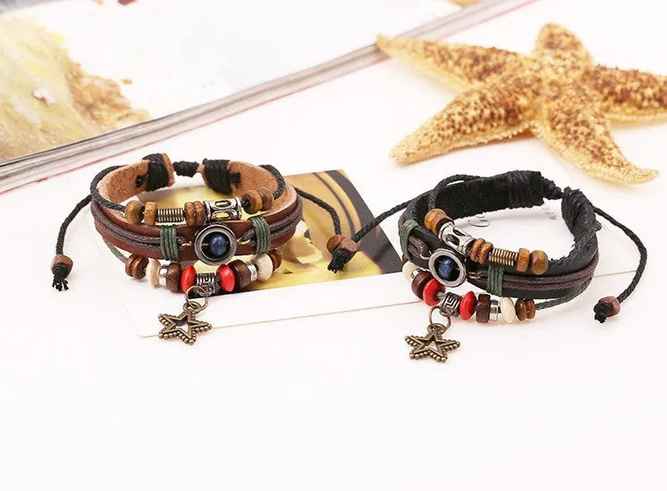 Vintage Retro Genuine Leather Bracelets & Bangles 5 Star Pendant Handmade Bead Bracelet Pulseras For Women Men Brown