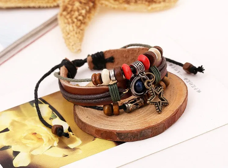 Vintage Retro Genuine Leather Bracelets & Bangles 5 Star Pendant Handmade Bead Bracelet Pulseras For Women Men Brown