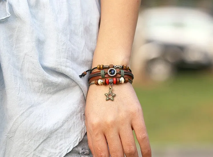 Vintage Retro Genuine Leather Bracelets & Bangles 5 Star Pendant Handmade Bead Bracelet Pulseras For Women Men Brown