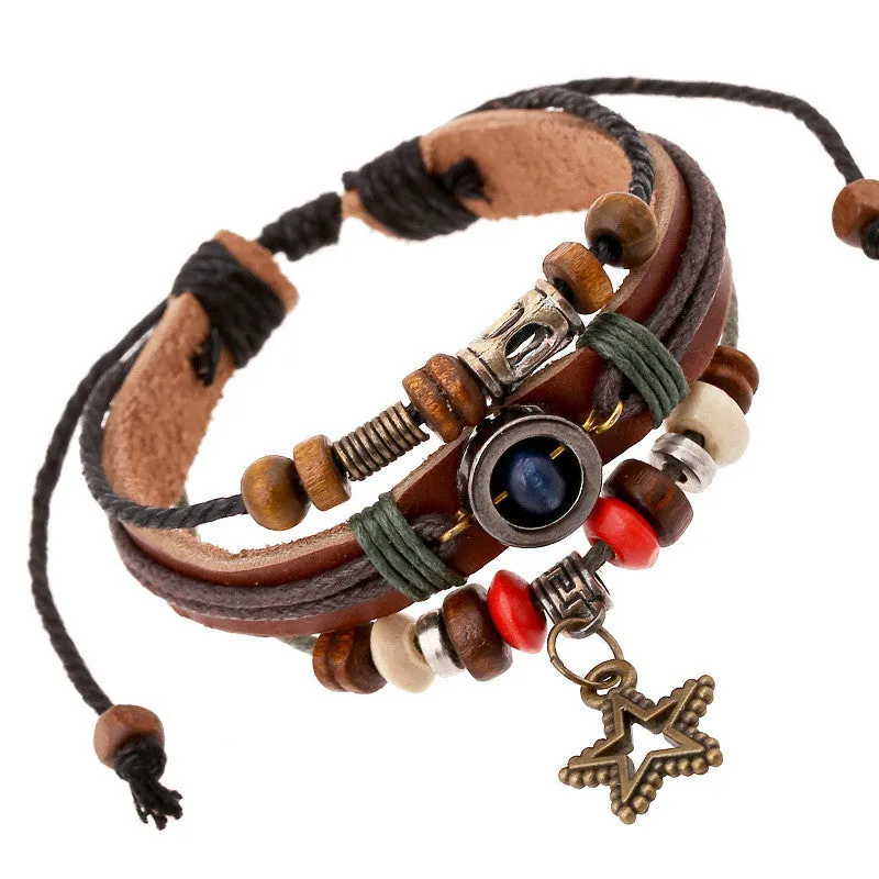 Vintage Retro Genuine Leather Bracelets & Bangles 5 Star Pendant Handmade Bead Bracelet Pulseras For Women Men Brown