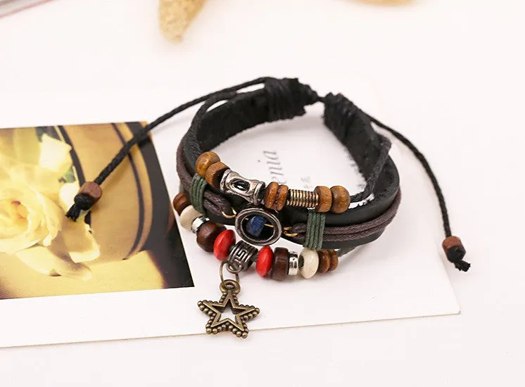 Vintage Retro Genuine Leather Bracelets & Bangles 5 Star Pendant Handmade Bead Bracelet Pulseras For Women Men Brown