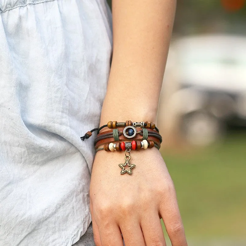 Vintage Retro Genuine Leather Bracelets & Bangles 5 Star Pendant Handmade Bead Bracelet Pulseras For Women Men Brown