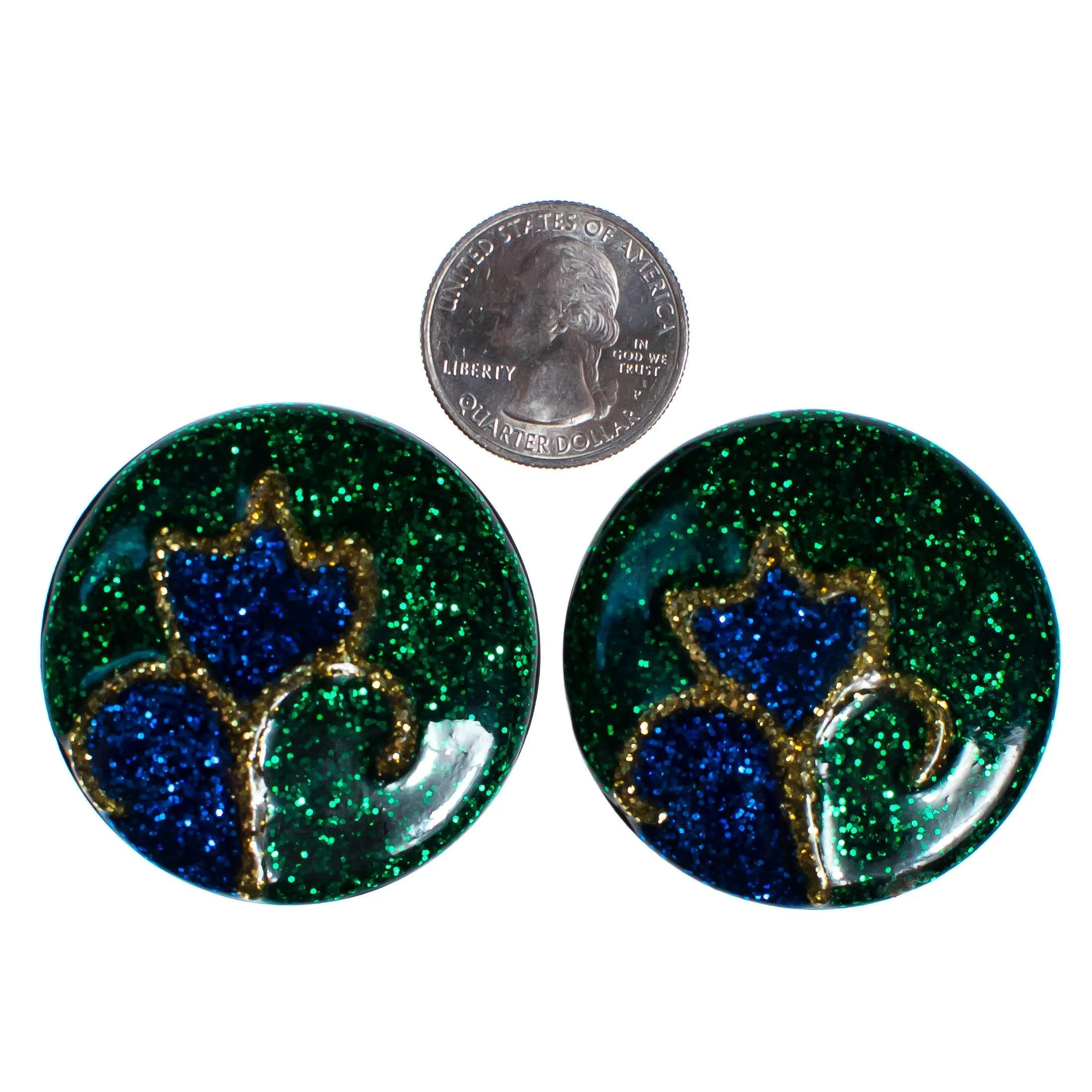 Vintage Statement Earrings, Green, Gold, and Blue Glitter Lucite, Clip-on