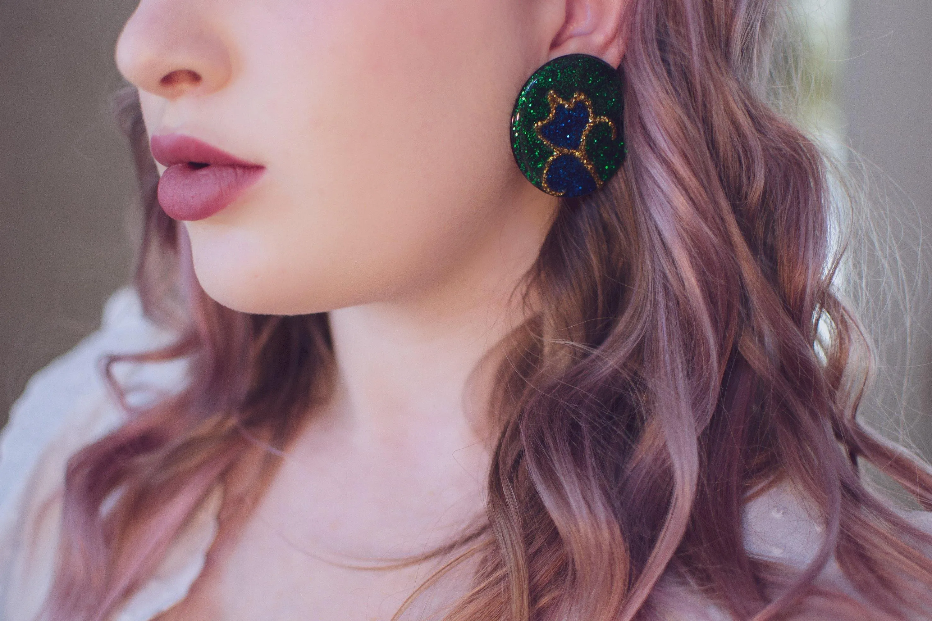 Vintage Statement Earrings, Green, Gold, and Blue Glitter Lucite, Clip-on