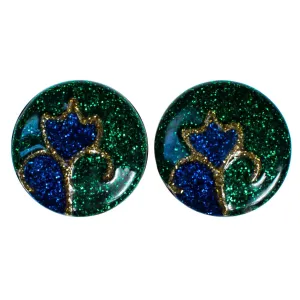 Vintage Statement Earrings, Green, Gold, and Blue Glitter Lucite, Clip-on