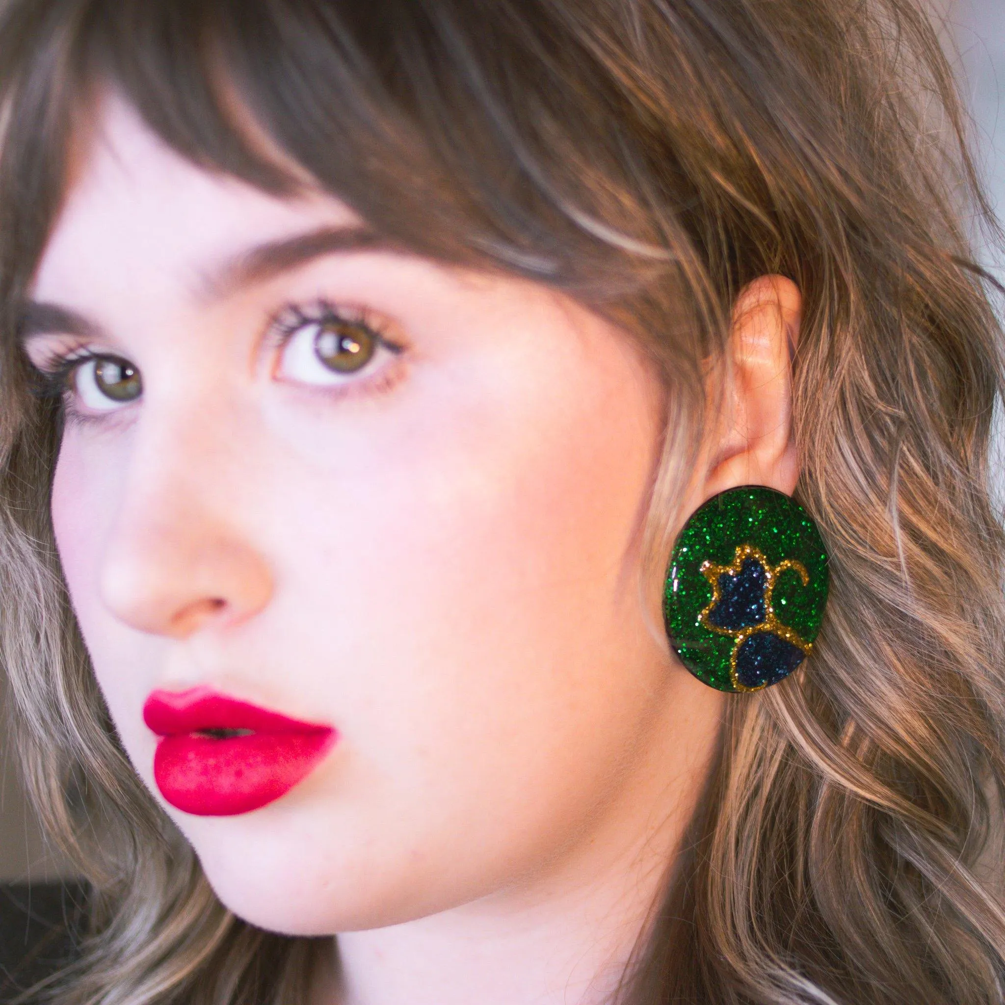 Vintage Statement Earrings, Green, Gold, and Blue Glitter Lucite, Clip-on