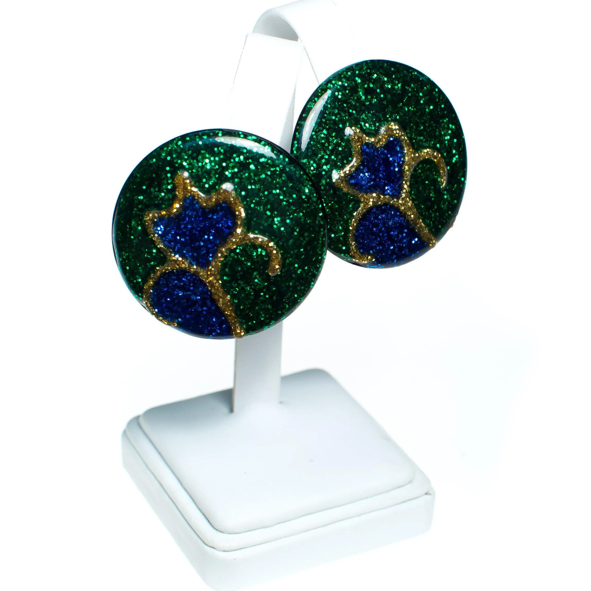 Vintage Statement Earrings, Green, Gold, and Blue Glitter Lucite, Clip-on