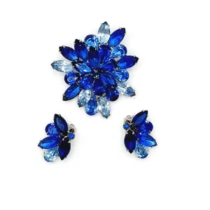 Vintage Weiss Blue Rhinestone Brooch   Clip Earrings Set Demi Parure