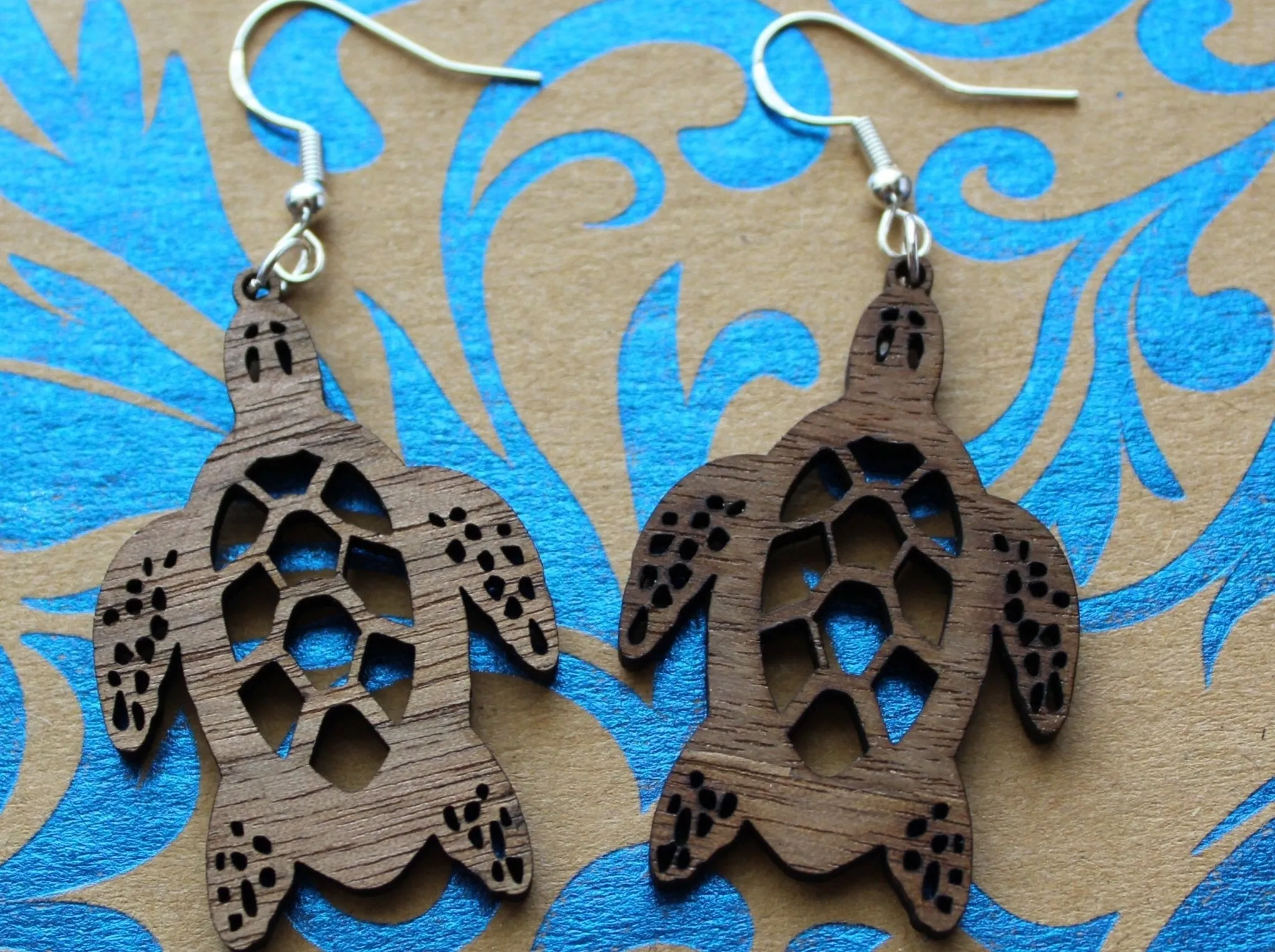 Walnut Wood Turtle Dangle Earrings