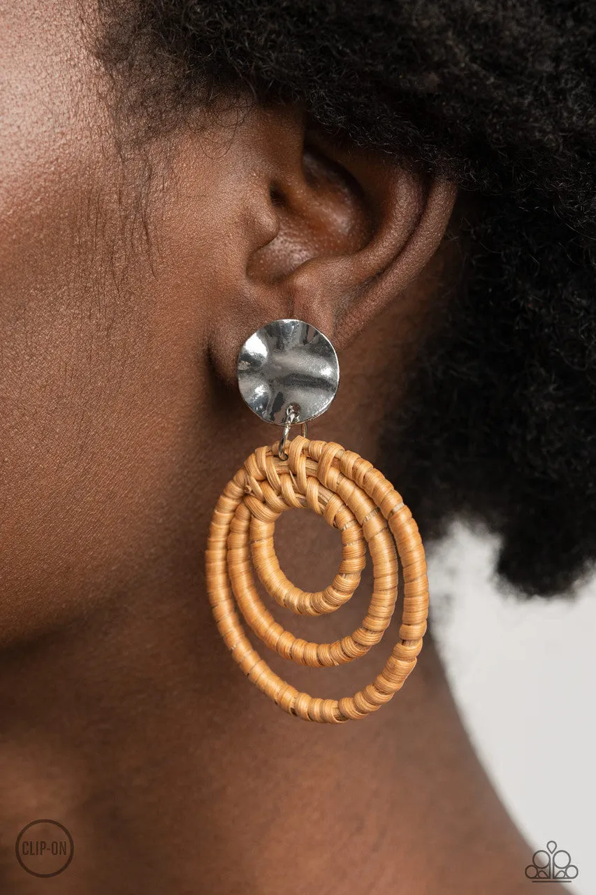 Whimsically Wicker Brown Paparazzi Clip-On Earrings