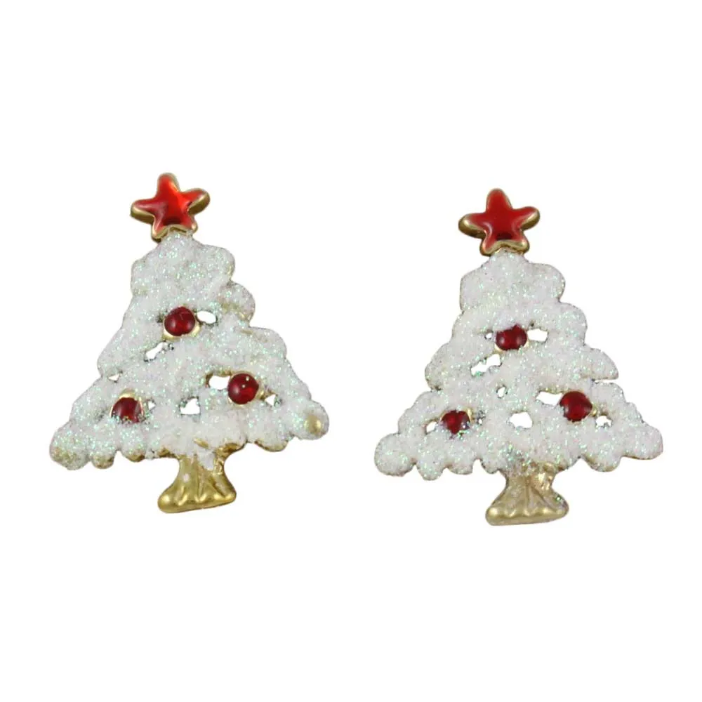 White Glitter Snowy Christmas Tree Clip Earring - XE302
