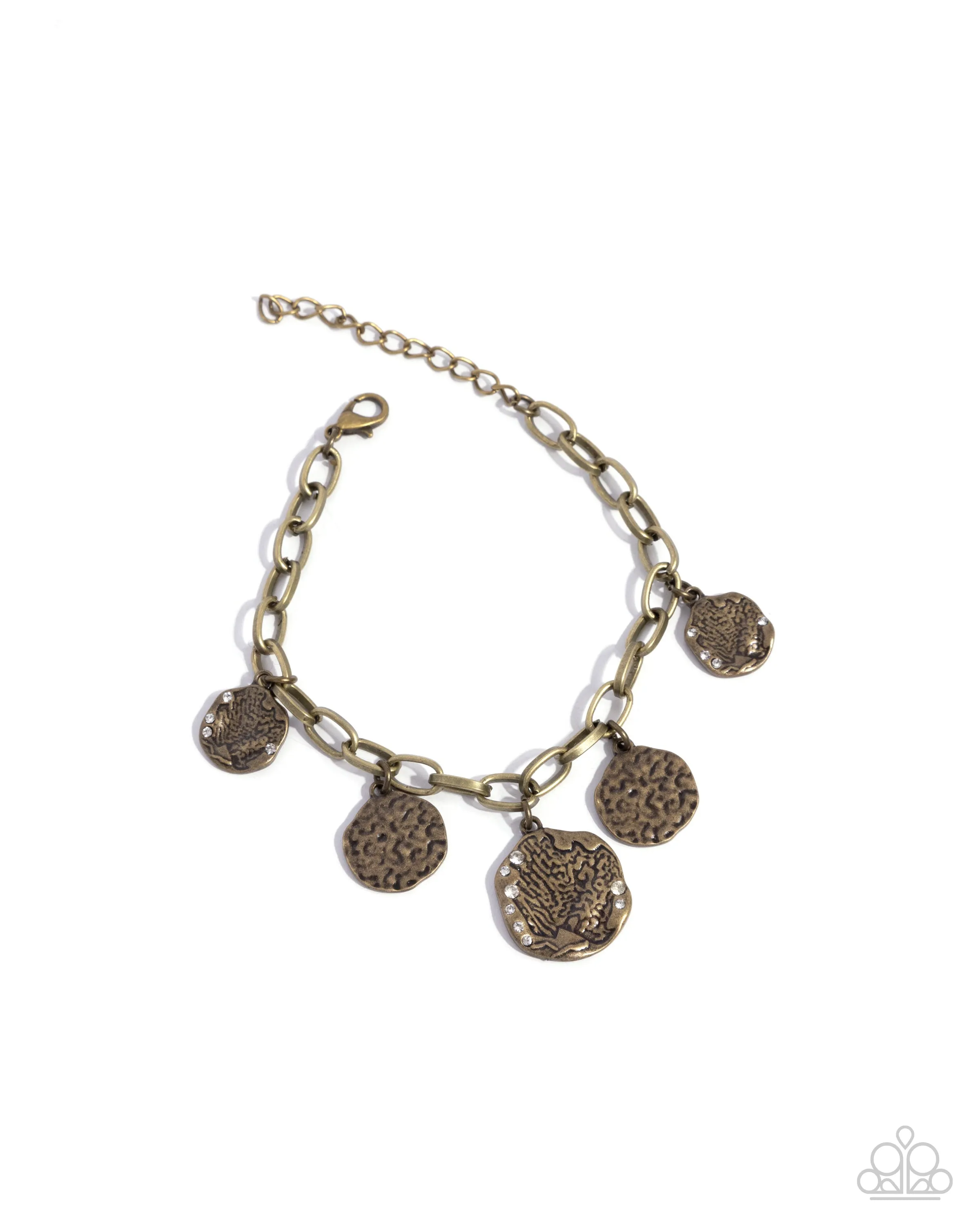 Winking Wild - Brass - Hammered Disc White Rhinestone Paparazzi Lobster Claw Bracelet