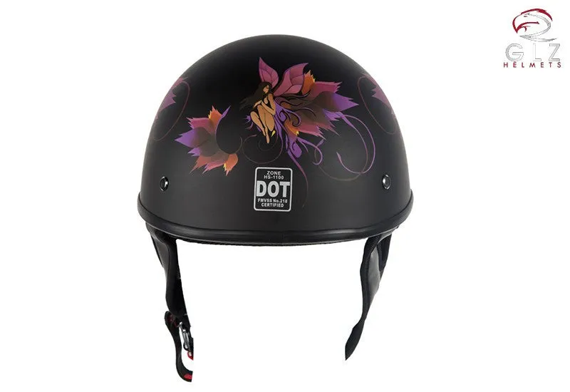 Woman's DOT Approved Low Profile Flat Black Motorcycle Helmet With Fairy & Flowers