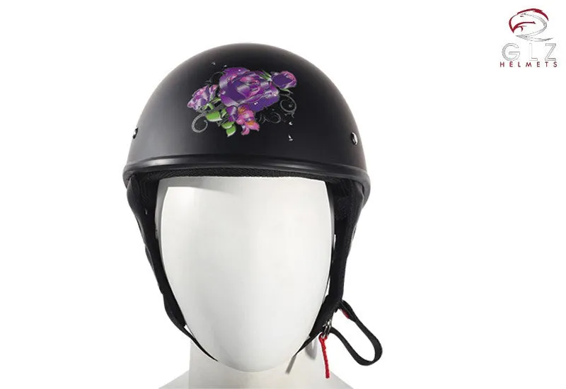 Womens Flat Black DOT Approved Helmet With Purple Rose Tribal Design