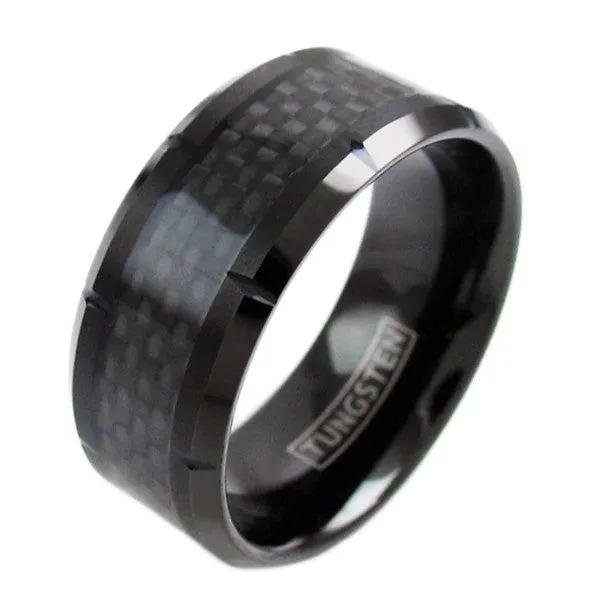 X-Wide 10mm Notched Black Tungsten Ring w/ Black Carbon Fiber Inlay. Simply Sublime.
