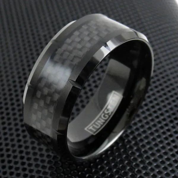 X-Wide 10mm Notched Black Tungsten Ring w/ Black Carbon Fiber Inlay. Simply Sublime.