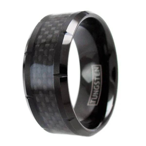 X-Wide 10mm Notched Black Tungsten Ring w/ Black Carbon Fiber Inlay. Simply Sublime.